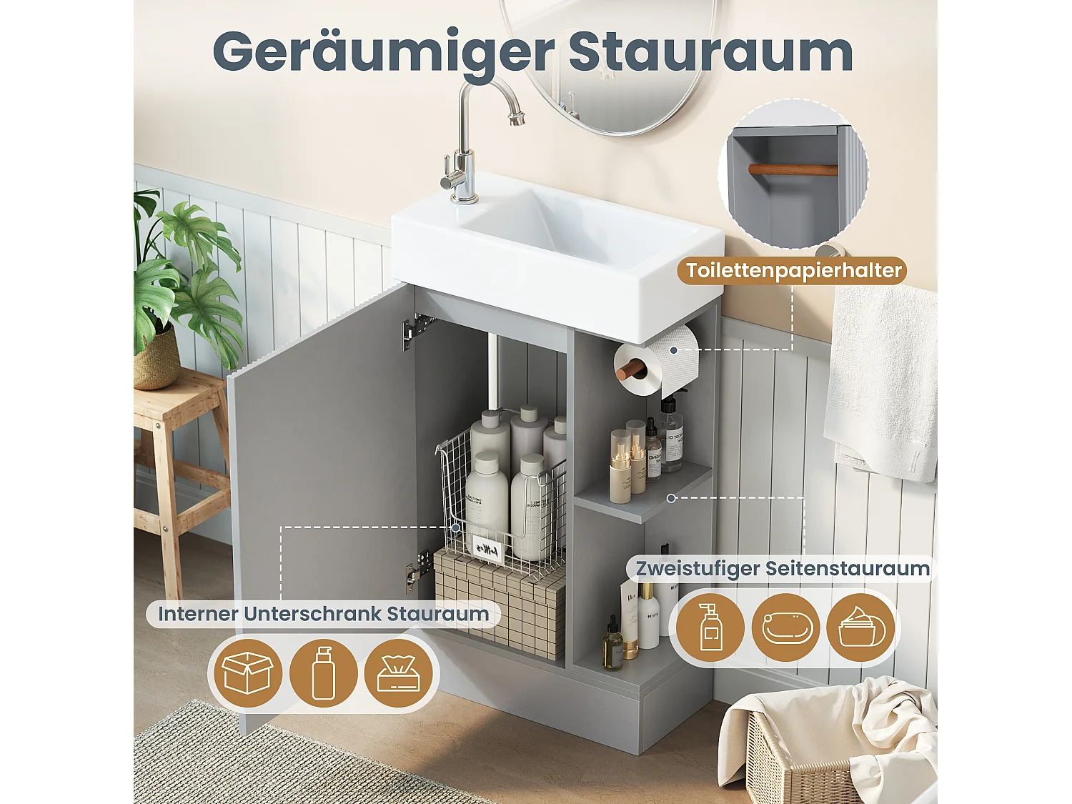 Meuble vasque gris avec lavabo en céramique 46 cm, rangement et porte-papier toilette