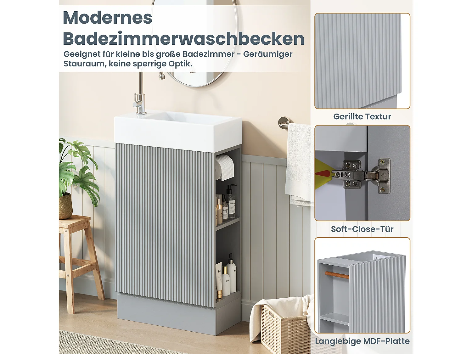 Meuble vasque gris avec lavabo en céramique 46 cm, rangement et porte-papier toilette