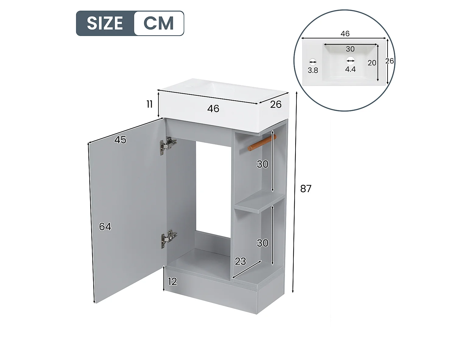 Meuble vasque gris avec lavabo en céramique 46 cm, rangement et porte-papier toilette