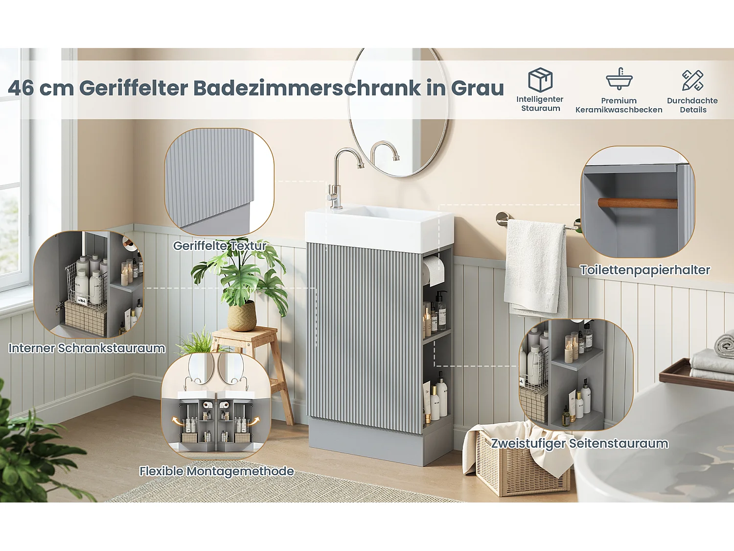 Meuble vasque gris avec lavabo en céramique 46 cm, rangement et porte-papier toilette