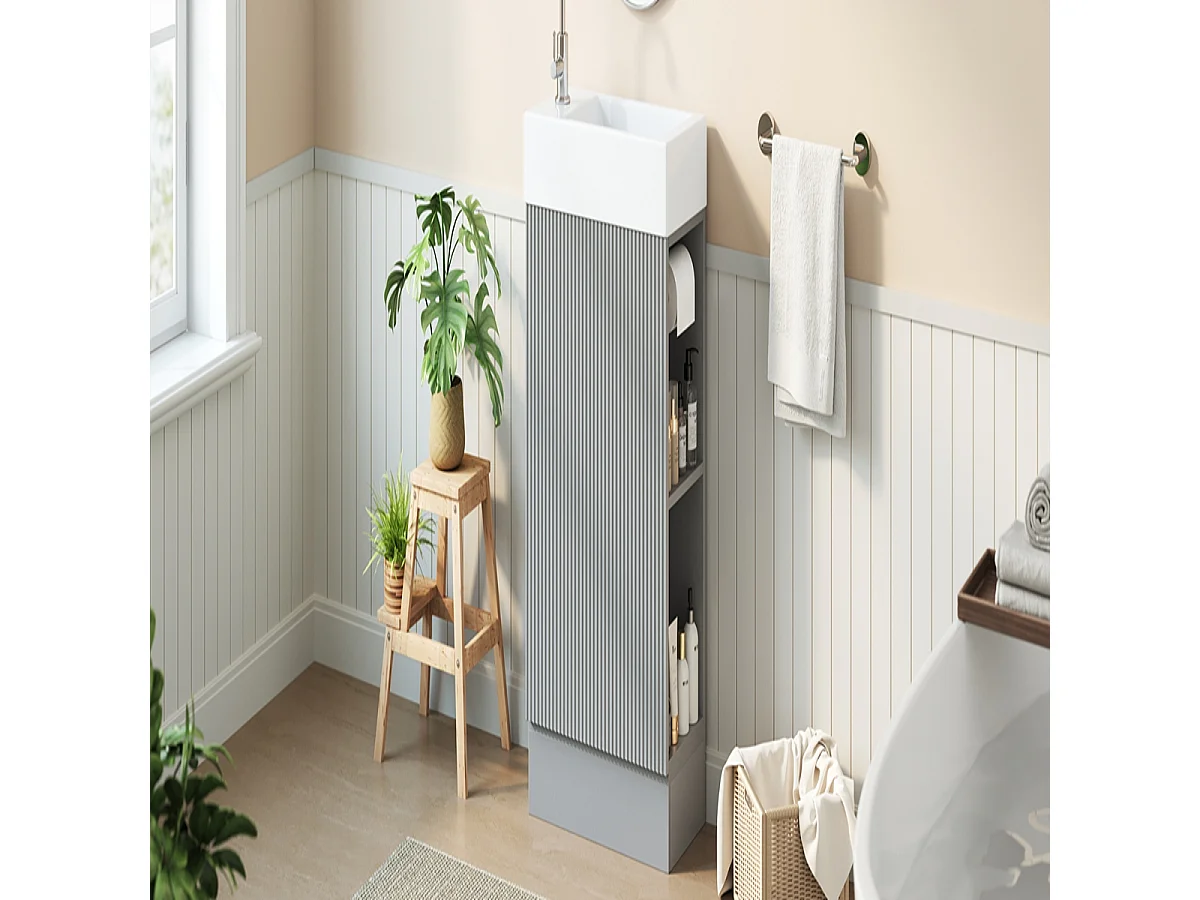 Meuble vasque gris avec lavabo en céramique 46 cm, rangement et porte-papier toilette