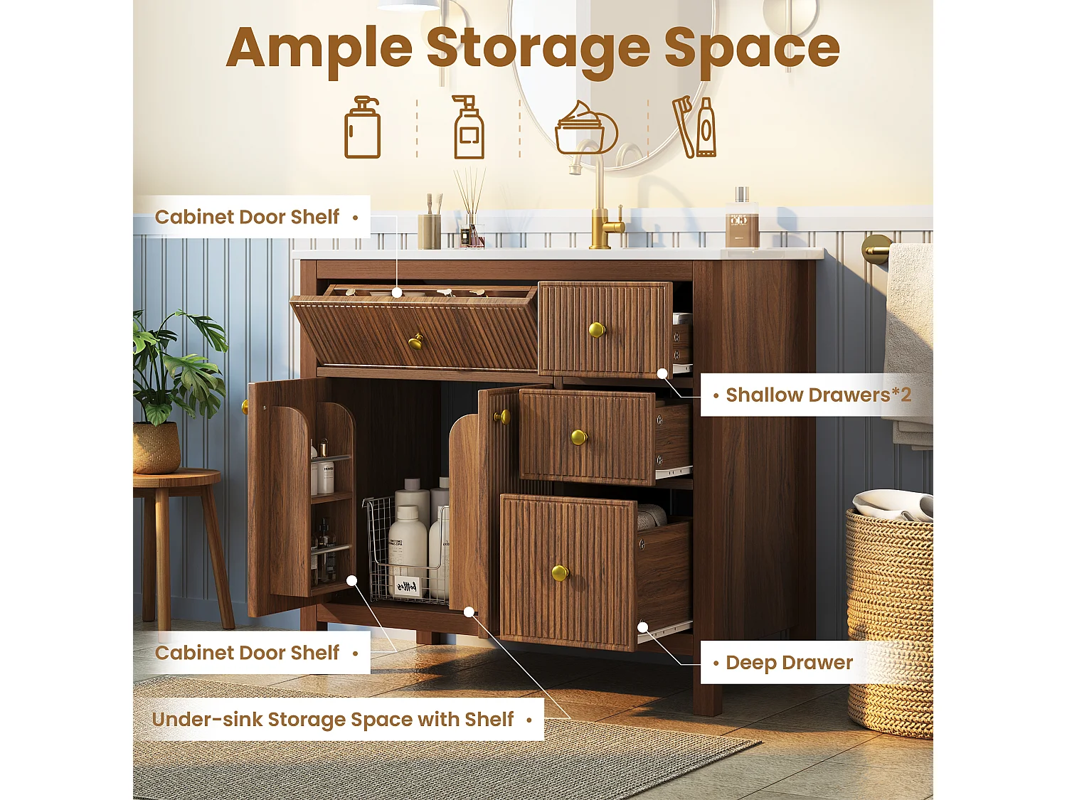 Meuble vasque 91 cm en noyer avec vasque en céramique, tiroirs et portes