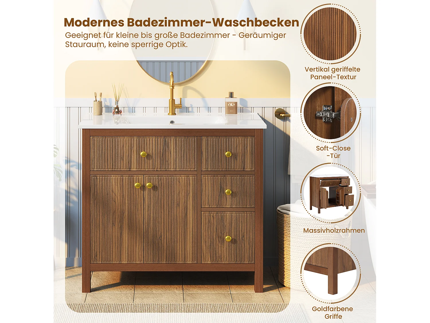 Meuble vasque 91 cm en noyer avec vasque en céramique, tiroirs et portes