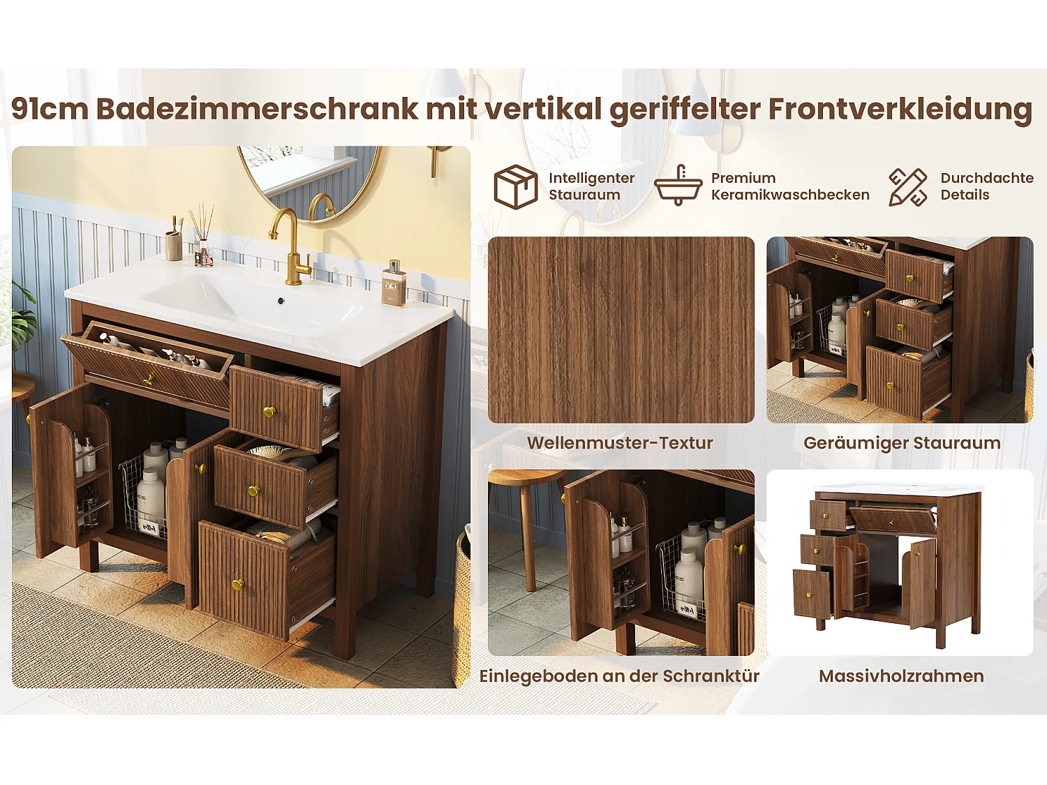 Meuble vasque 91 cm en noyer avec vasque en céramique, tiroirs et portes