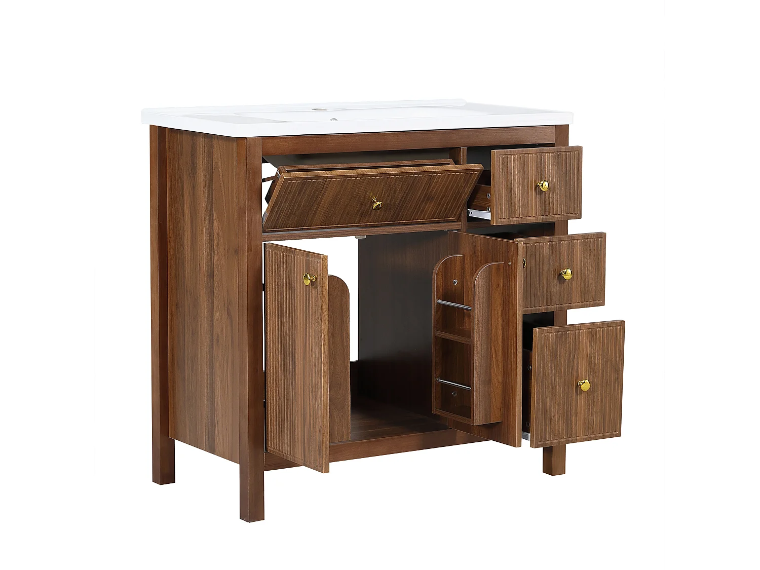 Meuble vasque 91 cm en noyer avec vasque en céramique, tiroirs et portes