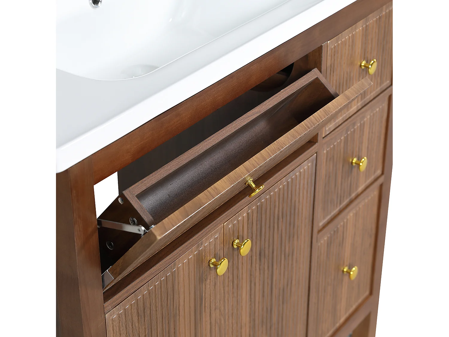 Meuble vasque 91 cm en noyer avec vasque en céramique, tiroirs et portes
