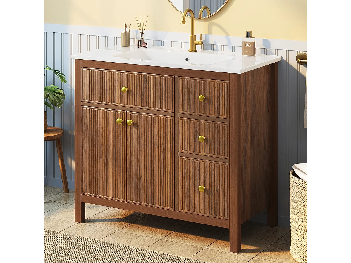 Meuble vasque 91 cm en noyer avec vasque en céramique, tiroirs et portes