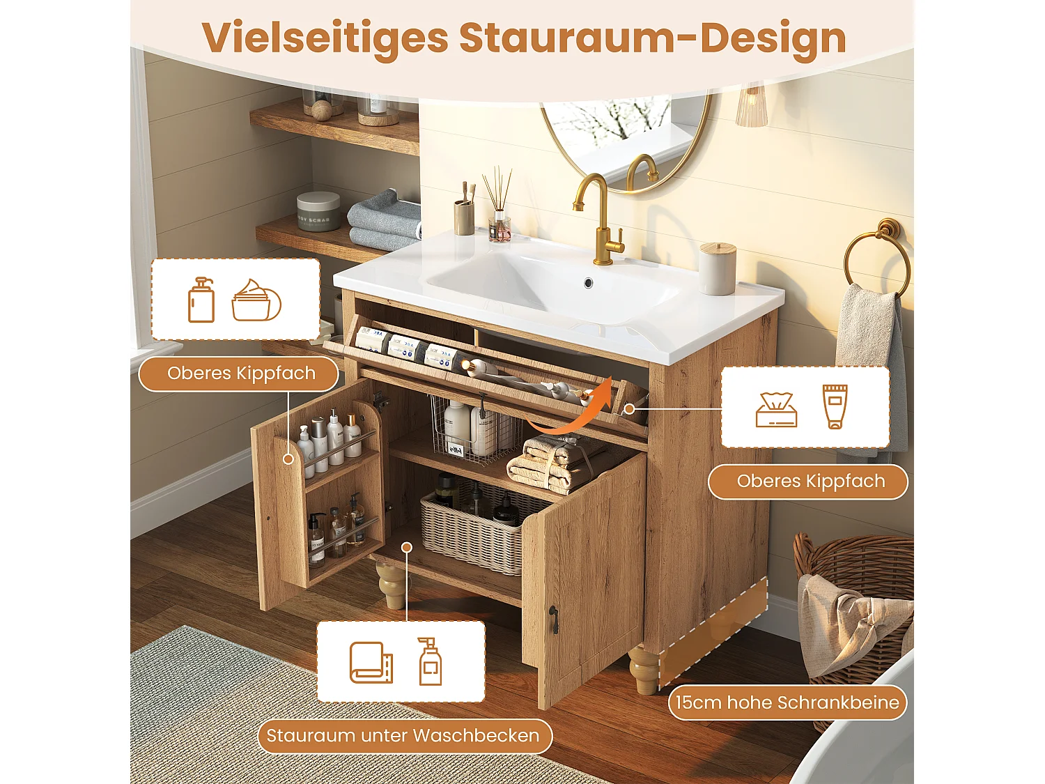 Meuble vasque 81 cm effet bois naturel avec vasque en céramique