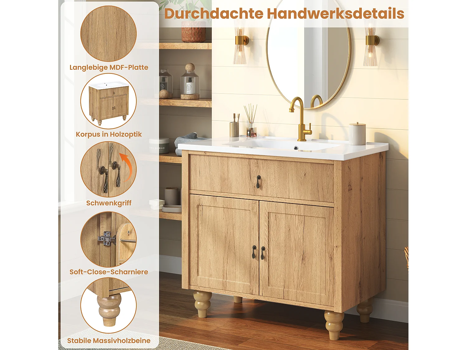 Meuble vasque 81 cm effet bois naturel avec vasque en céramique