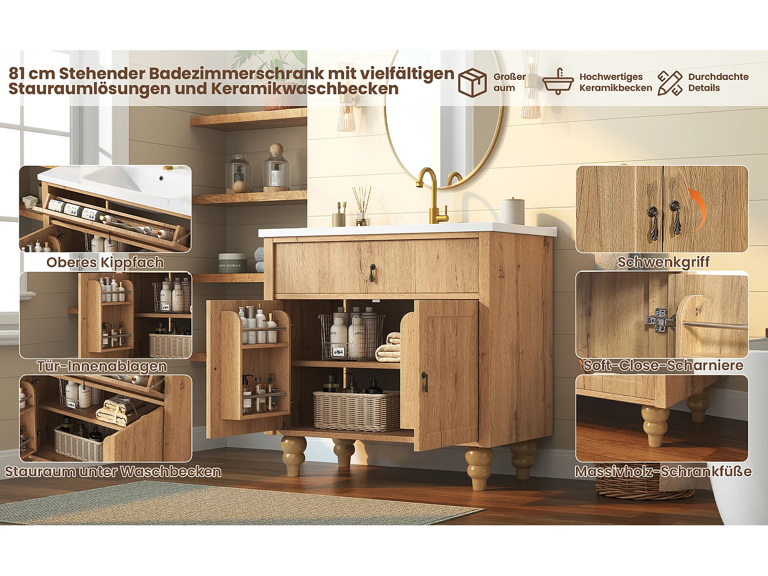 Meuble vasque 81 cm effet bois naturel avec vasque en céramique