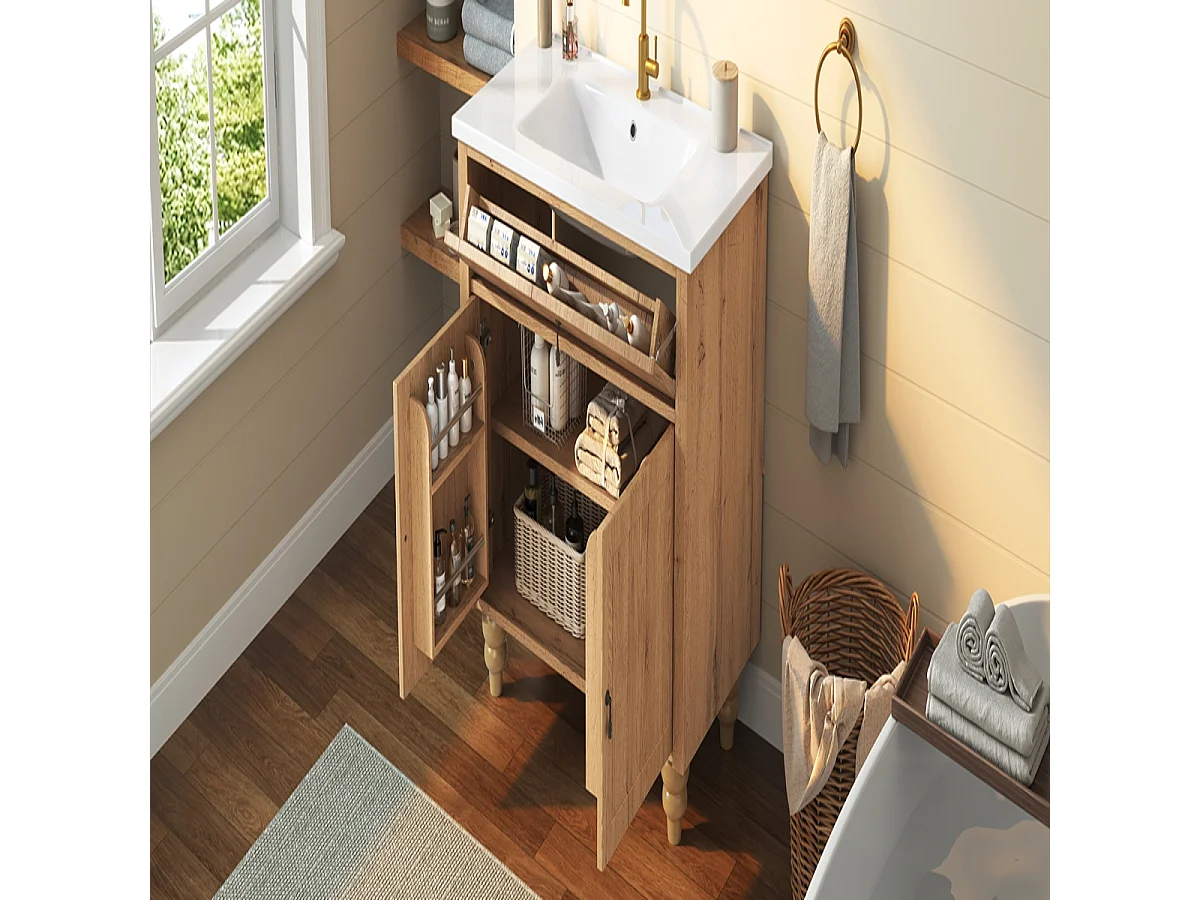 Meuble vasque 81 cm effet bois naturel avec vasque en céramique