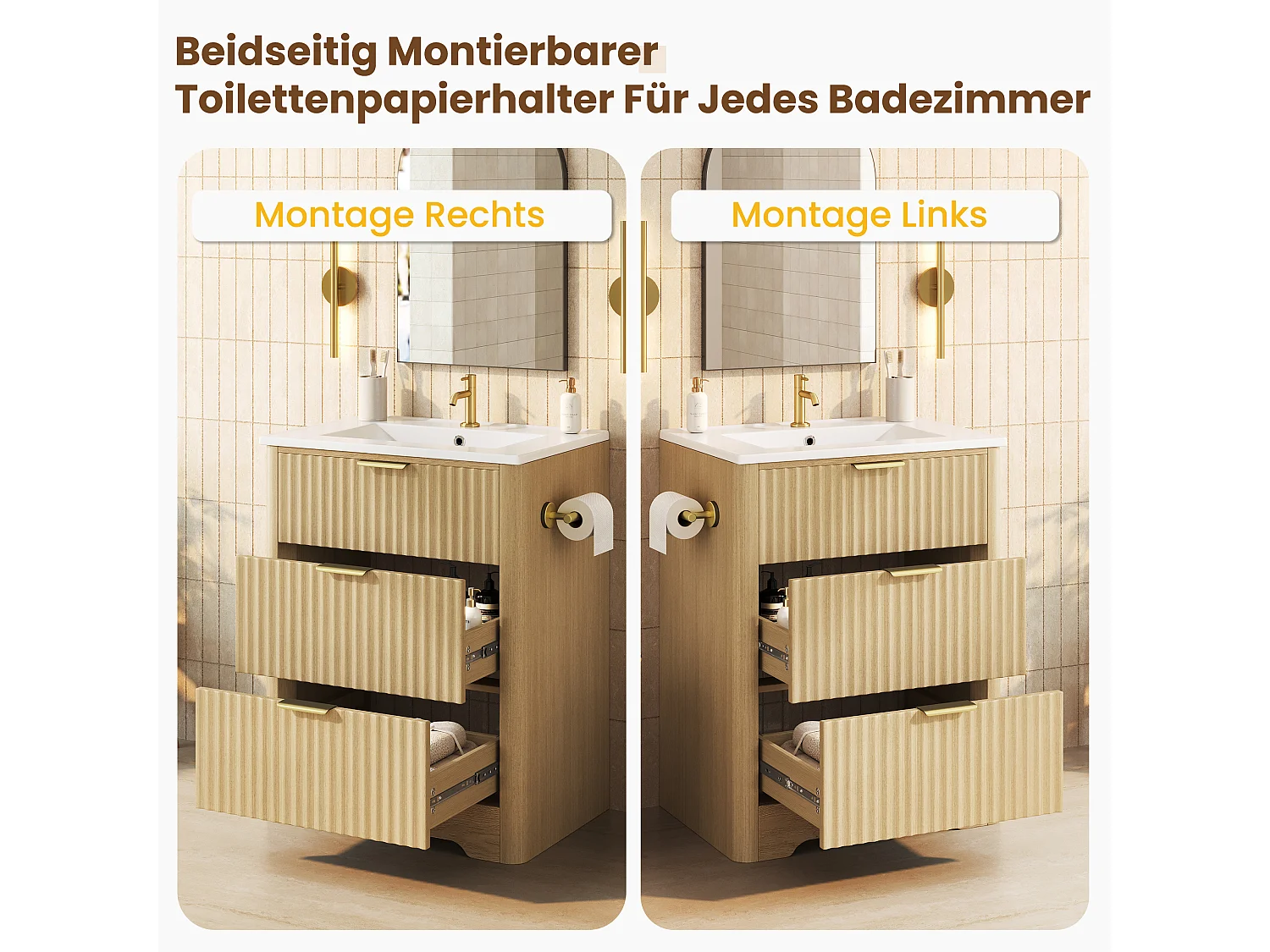 Meuble vasque 61 cm effet bois naturel avec lavabo en céramique et deux tiroirs