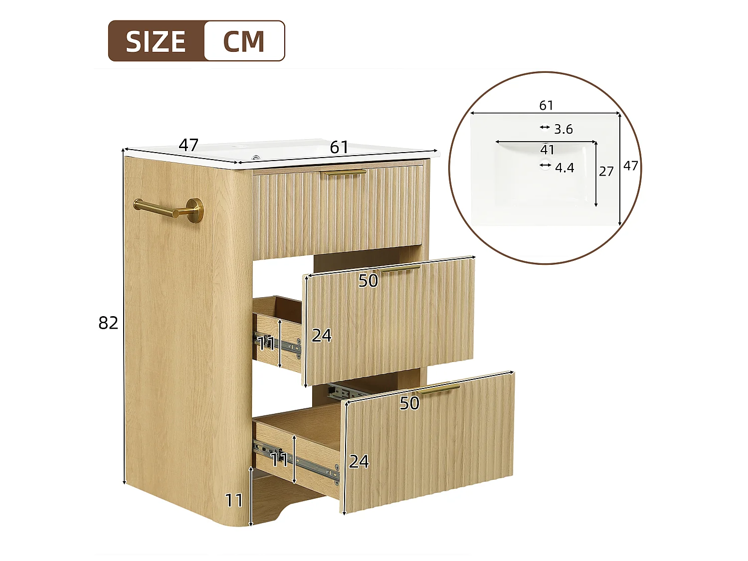Meuble vasque 61 cm effet bois naturel avec lavabo en céramique et deux tiroirs