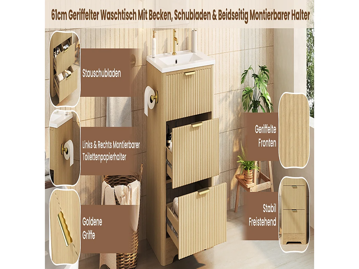 Meuble vasque 61 cm effet bois naturel avec lavabo en céramique et deux tiroirs