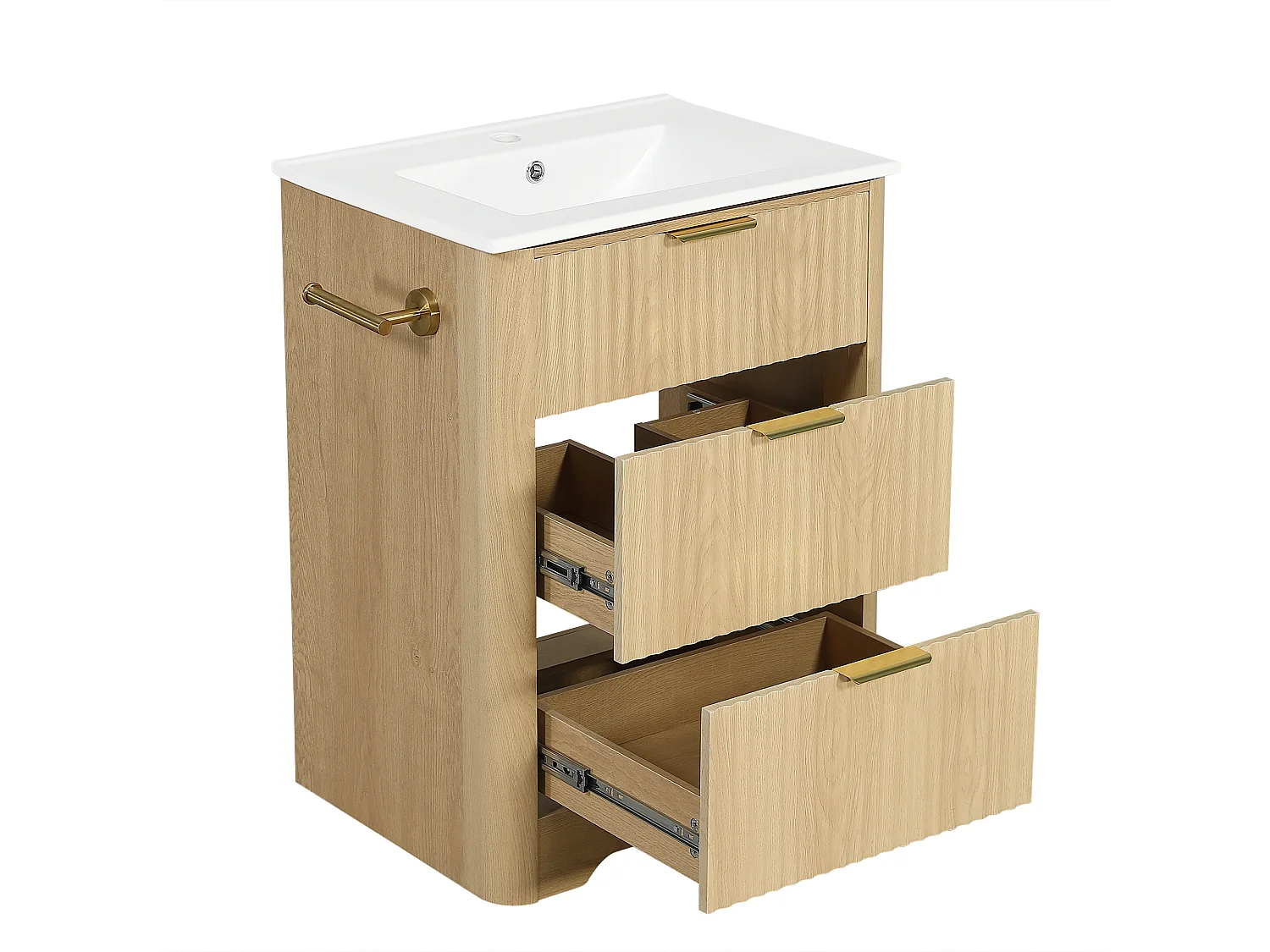 Meuble vasque 61 cm effet bois naturel avec lavabo en céramique et deux tiroirs