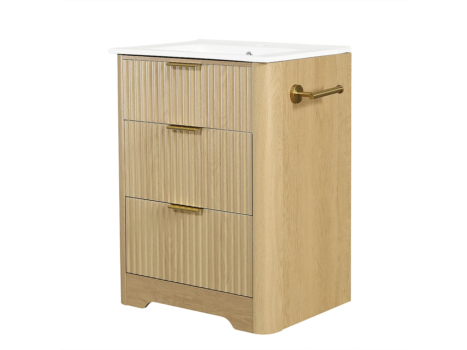 Meuble vasque 61 cm effet bois naturel avec lavabo en céramique et deux tiroirs