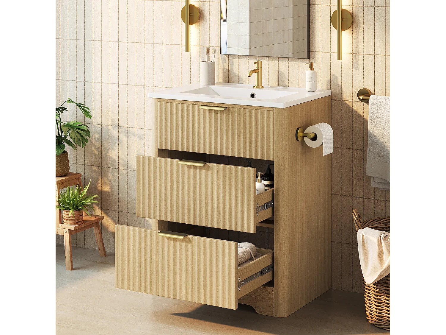 Meuble vasque 61 cm effet bois naturel avec lavabo en céramique et deux tiroirs