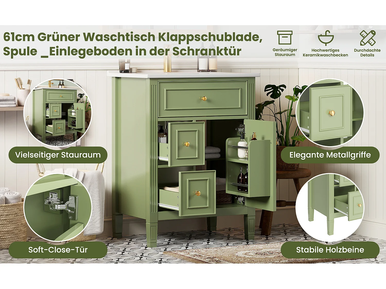 Meuble vasque vert brillant de 61 cm, style campagne, 2 tiroirs et porte