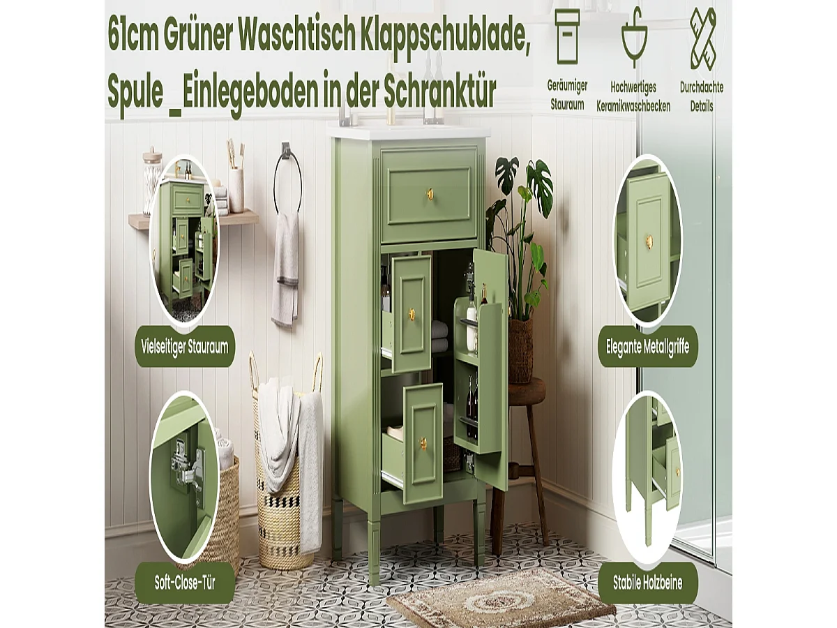 Meuble vasque vert brillant de 61 cm, style campagne, 2 tiroirs et porte