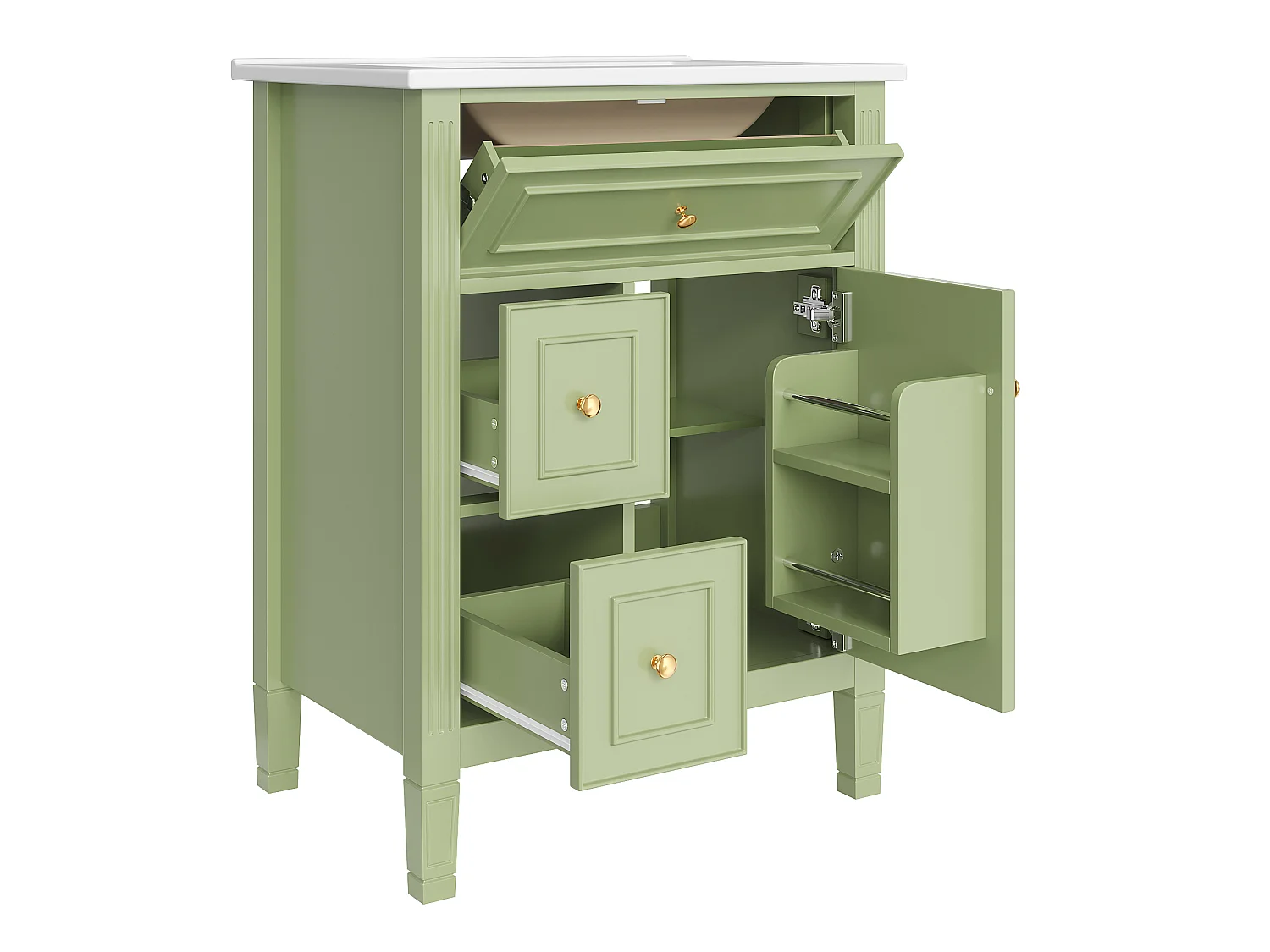 Meuble vasque vert brillant de 61 cm, style campagne, 2 tiroirs et porte