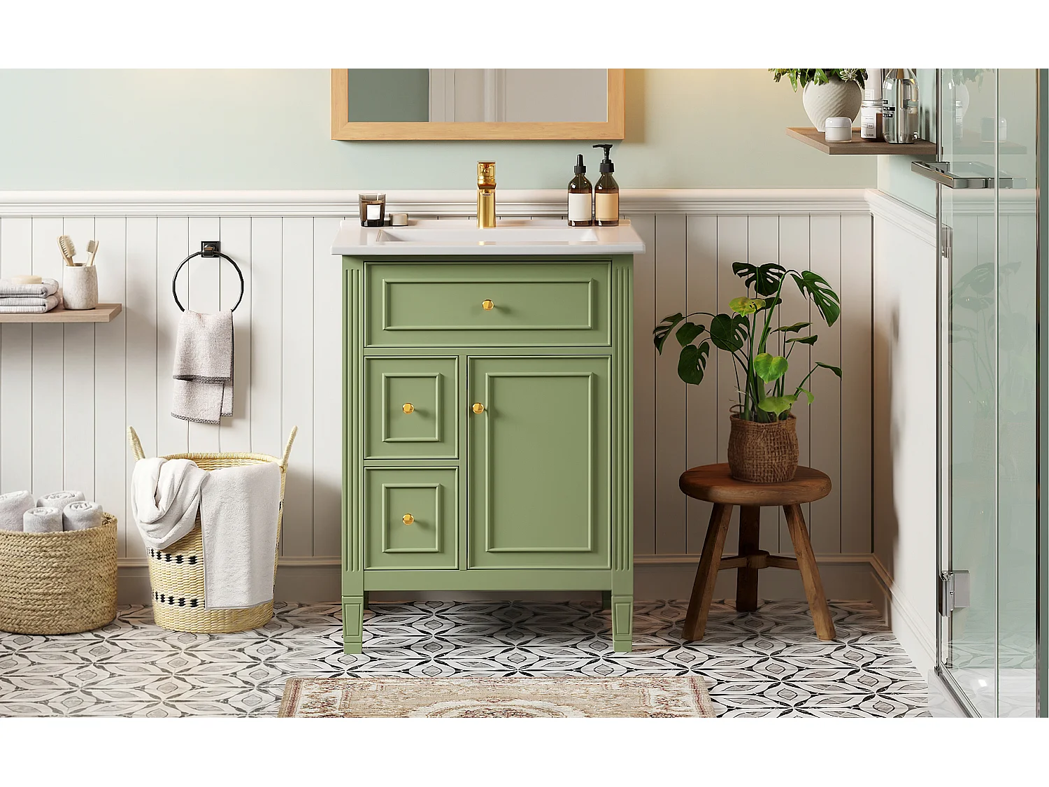 Meuble vasque vert brillant de 61 cm, style campagne, 2 tiroirs et porte