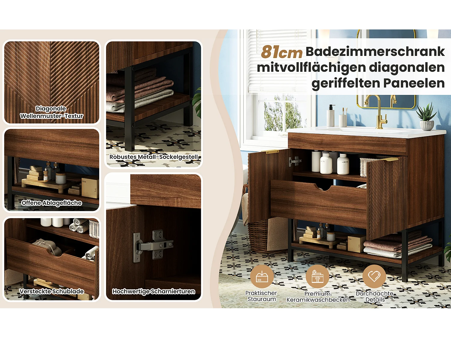 Meuble vasque sur pied 81 cm couleur noyer à motif ondulé diagonal, lavabo en céramique
