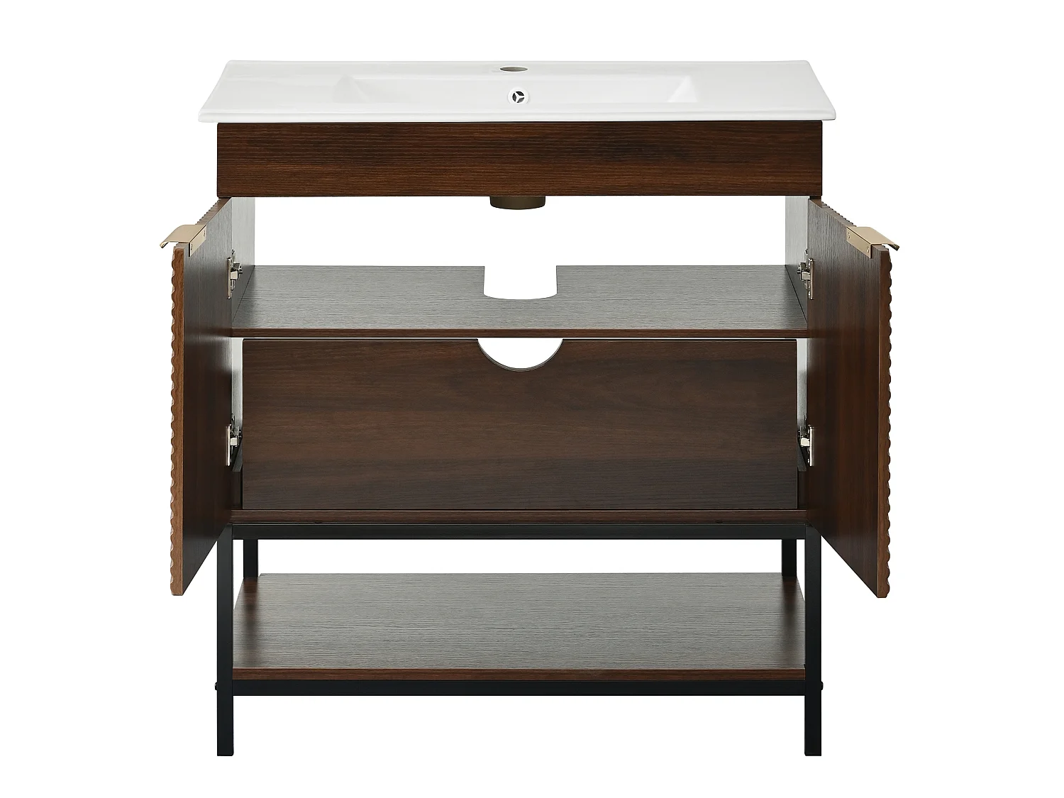 Meuble vasque sur pied 81 cm couleur noyer à motif ondulé diagonal, lavabo en céramique
