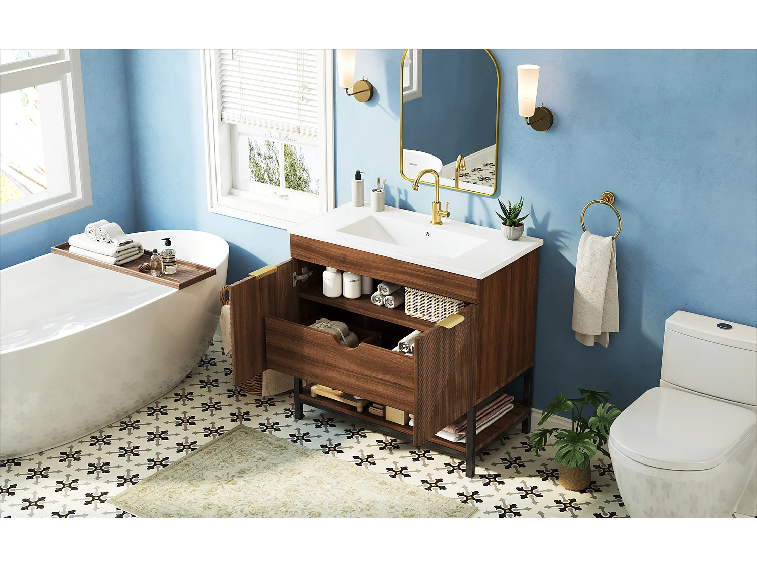 Meuble vasque sur pied 81 cm couleur noyer à motif ondulé diagonal, lavabo en céramique