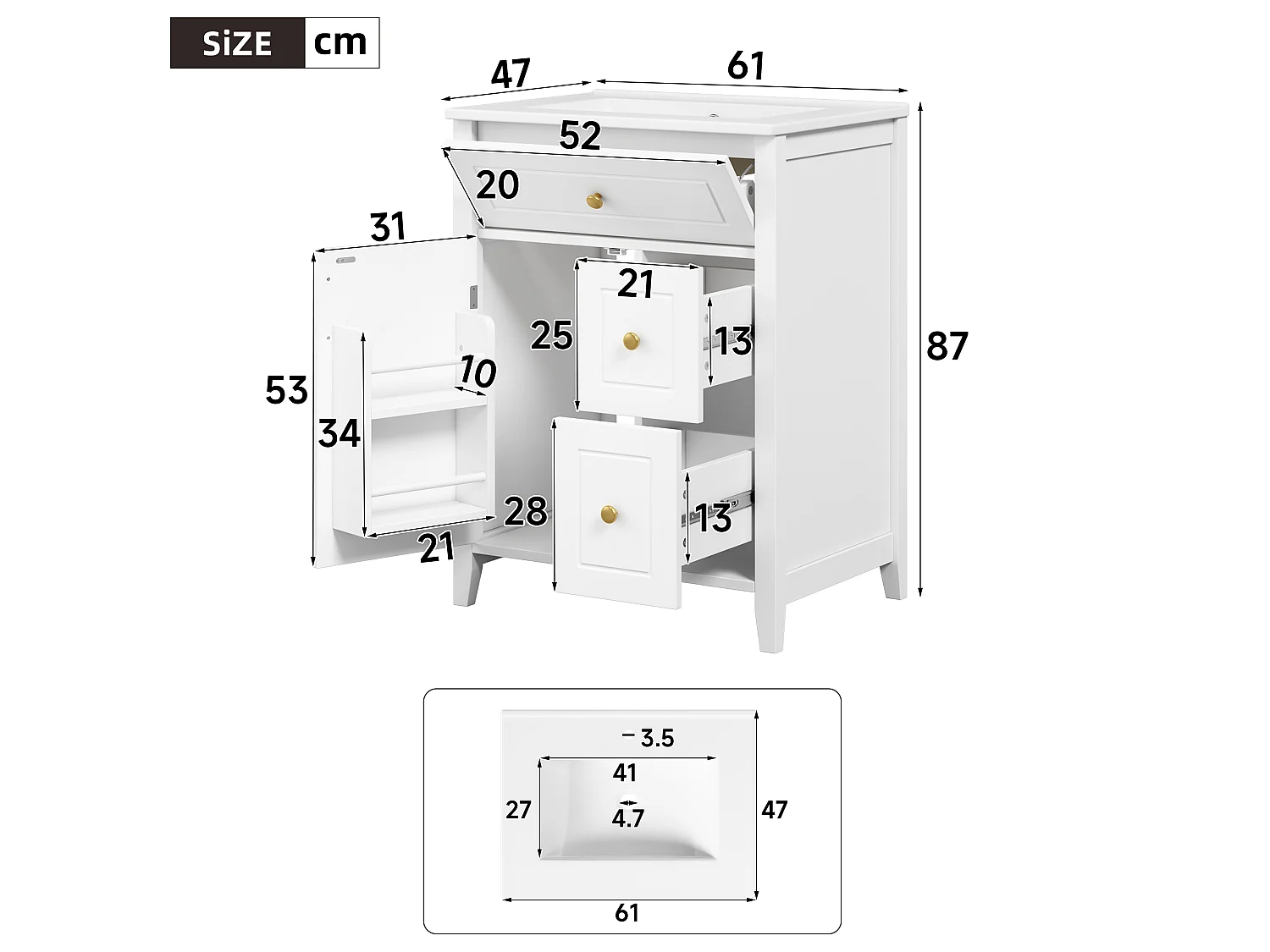 Meuble vasque 61 cm blanc brillant avec lavabo en céramique, tiroirs, porte et poignées dorées
