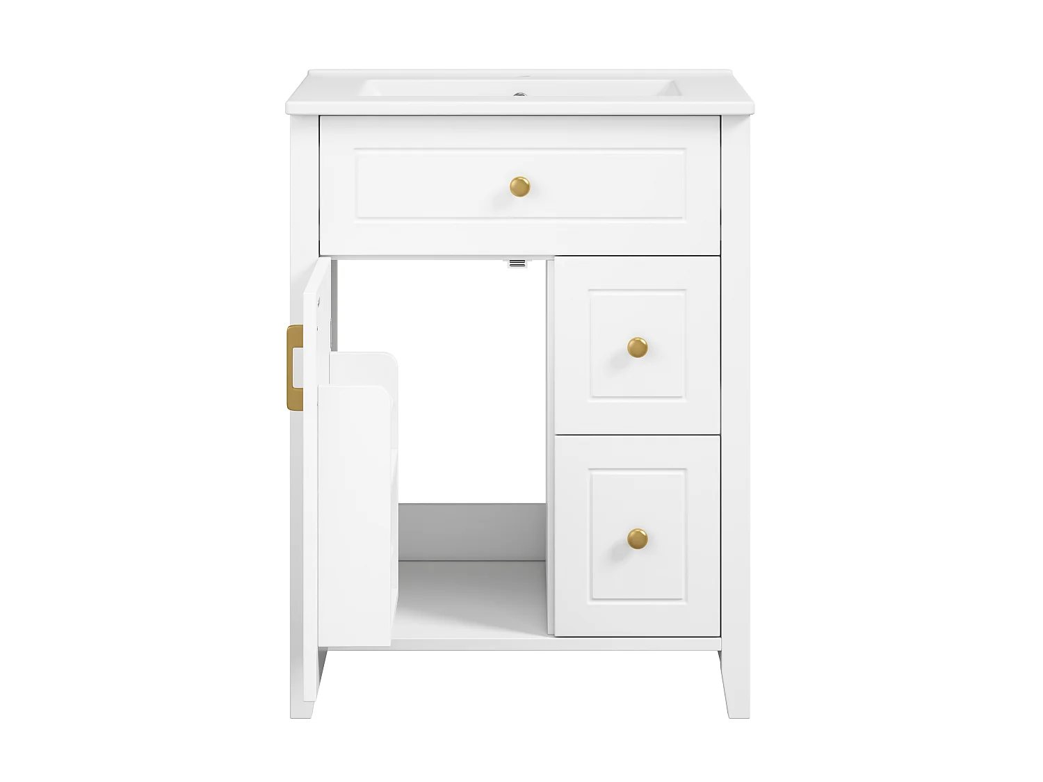 Meuble vasque 61 cm blanc brillant avec lavabo en céramique, tiroirs, porte et poignées dorées