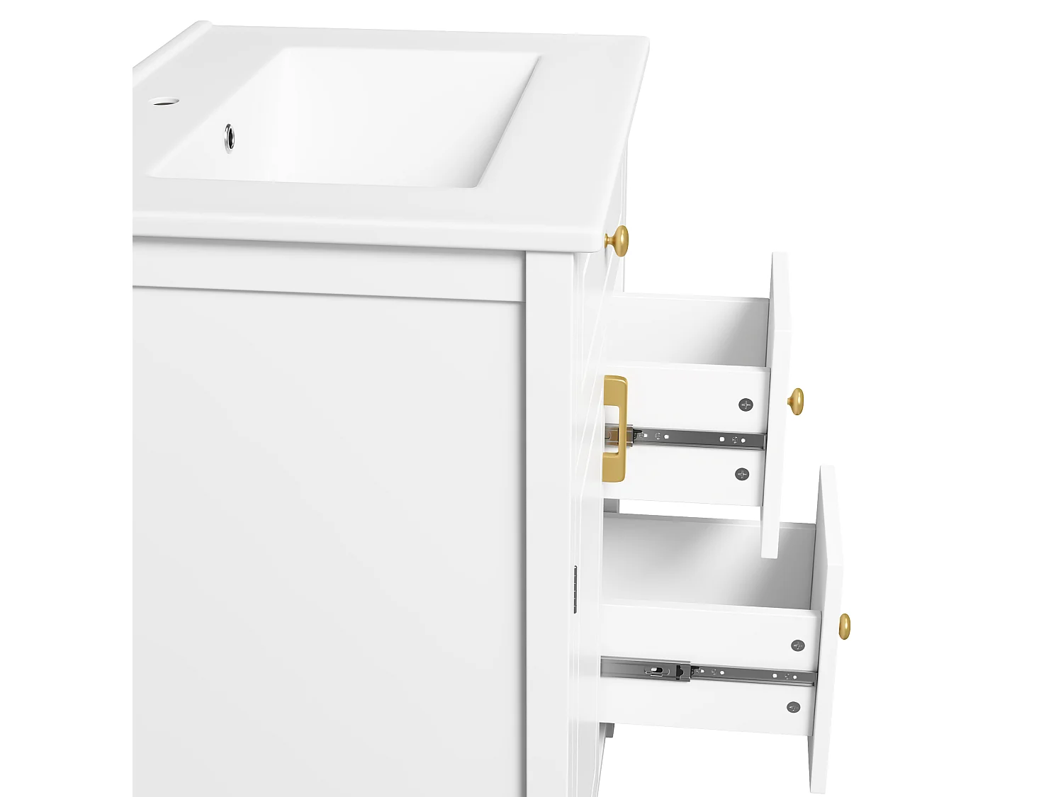 Meuble vasque 61 cm blanc brillant avec lavabo en céramique, tiroirs, porte et poignées dorées