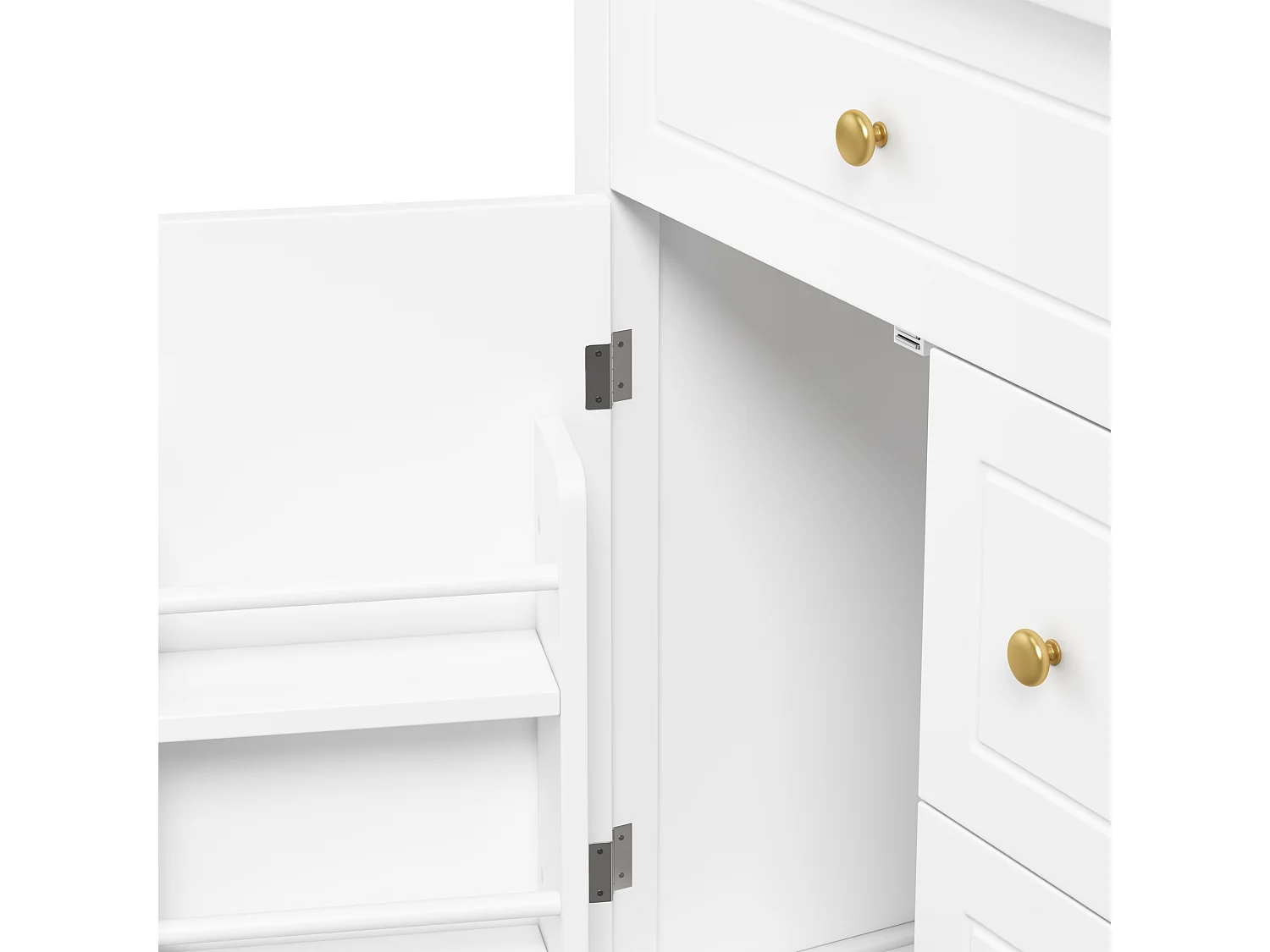 Meuble vasque 61 cm blanc brillant avec lavabo en céramique, tiroirs, porte et poignées dorées