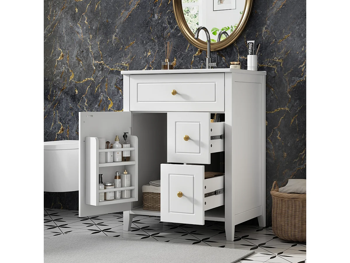Meuble vasque 61 cm blanc brillant avec lavabo en céramique, tiroirs, porte et poignées dorées