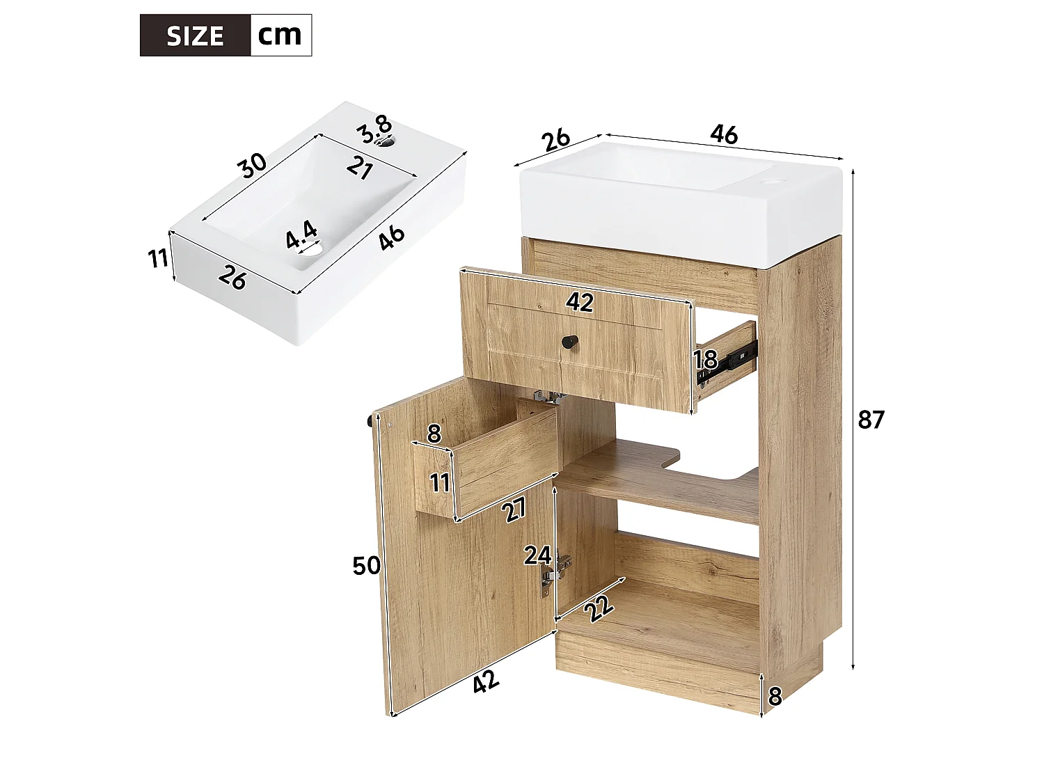 Meuble vasque sur pied de 46 cm, effet bois naturel, vasque en céramique avec trou de robinet latéral