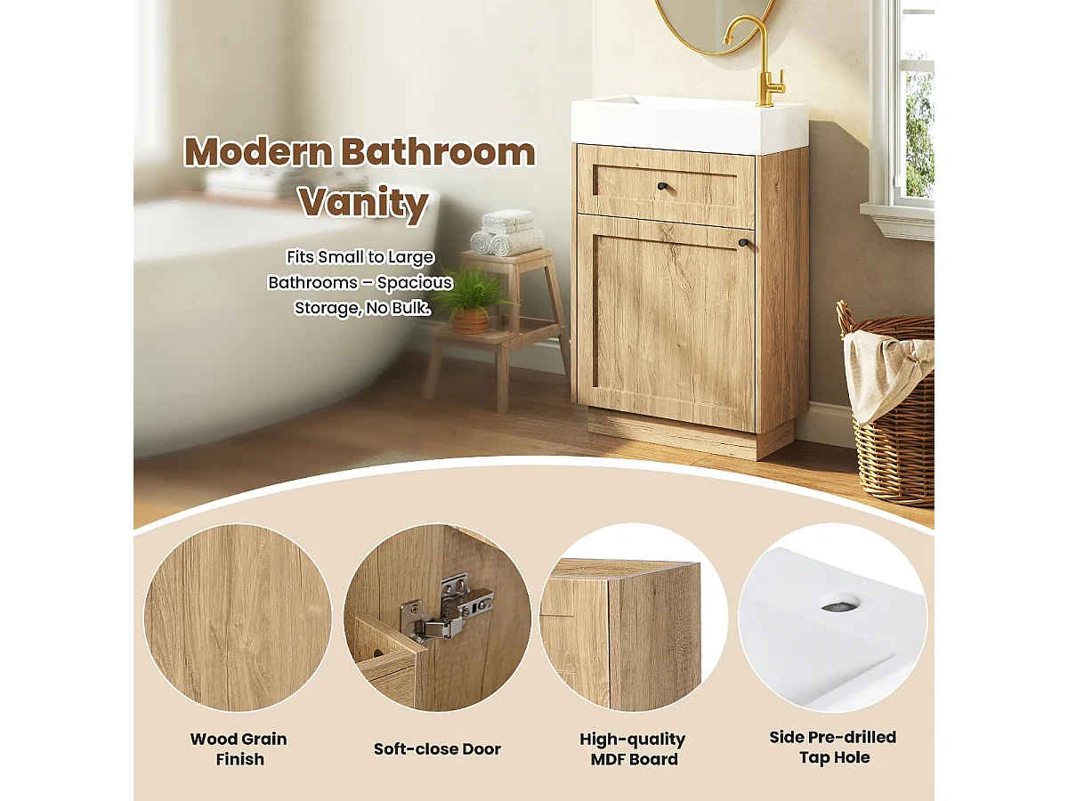 Meuble vasque sur pied de 46 cm, effet bois naturel, vasque en céramique avec trou de robinet latéral