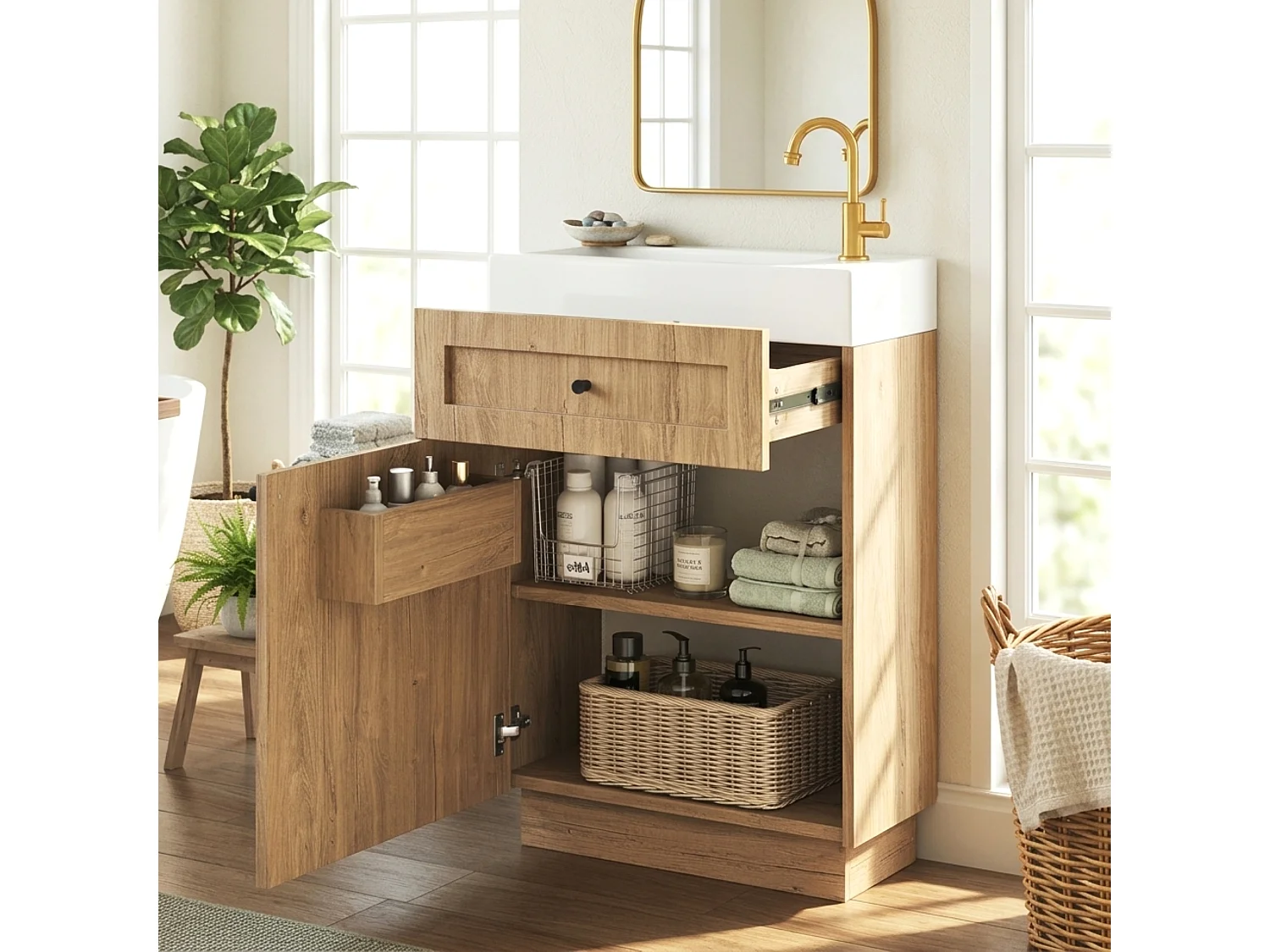 Meuble vasque sur pied de 46 cm, effet bois naturel, vasque en céramique avec trou de robinet latéral