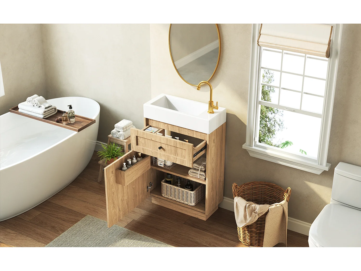 Meuble vasque sur pied de 46 cm, effet bois naturel, vasque en céramique avec trou de robinet latéral