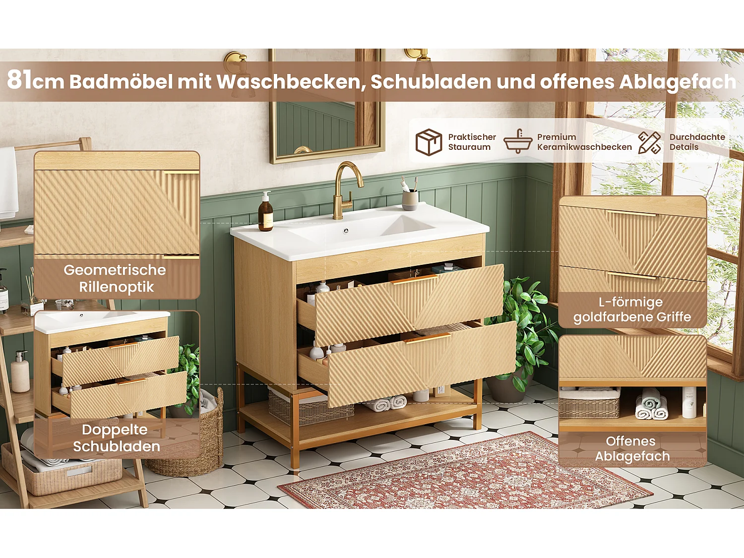 Meuble vasque 81 cm effet bois naturel avec deux tiroirs et vasque en céramique