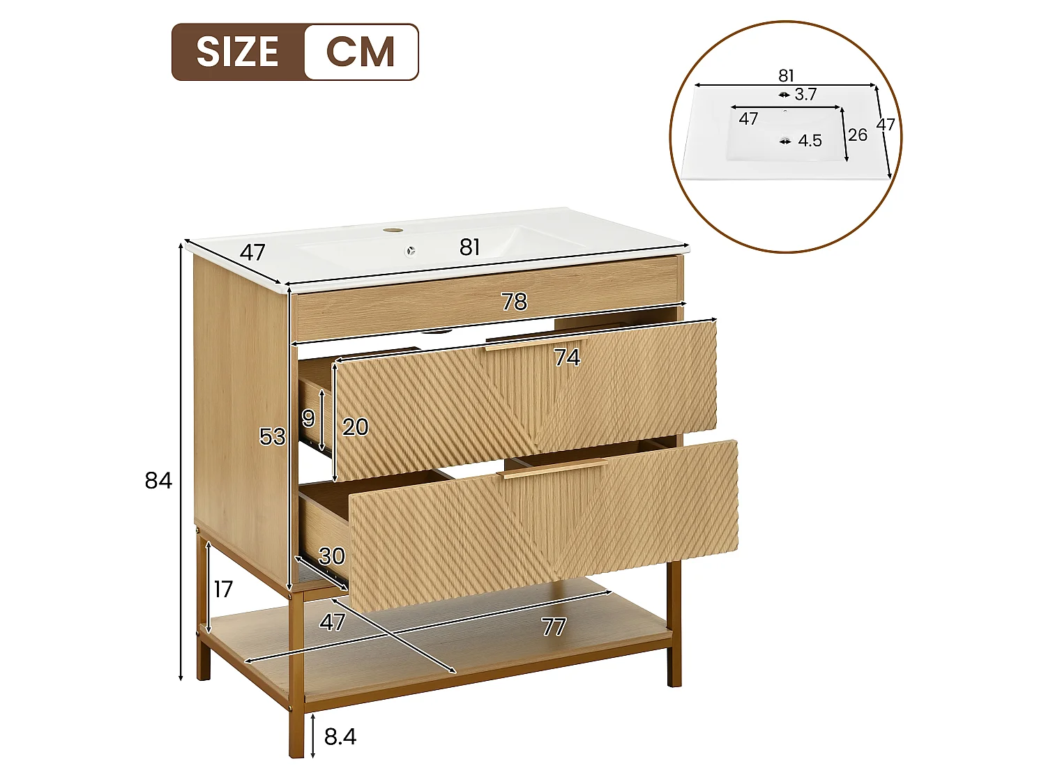 Meuble vasque 81 cm effet bois naturel avec deux tiroirs et vasque en céramique