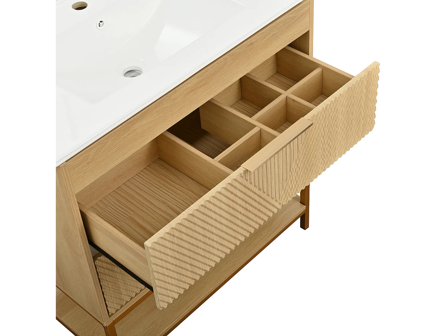 Meuble vasque 81 cm effet bois naturel avec deux tiroirs et vasque en céramique