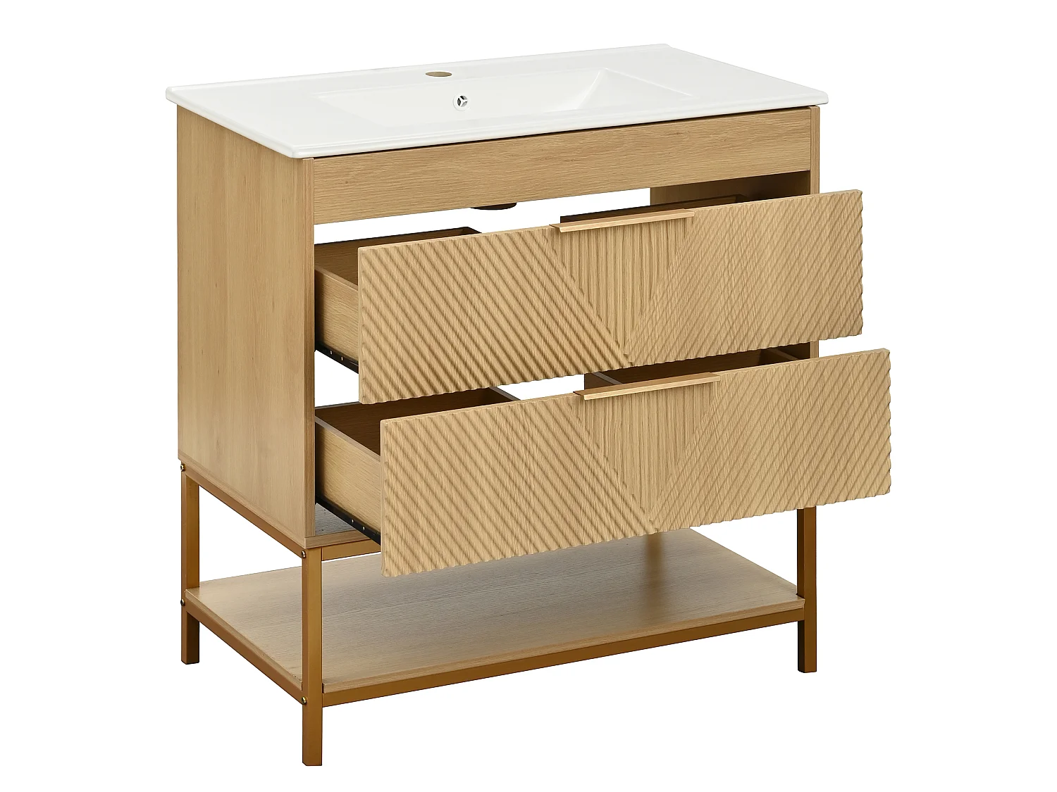 Meuble vasque 81 cm effet bois naturel avec deux tiroirs et vasque en céramique