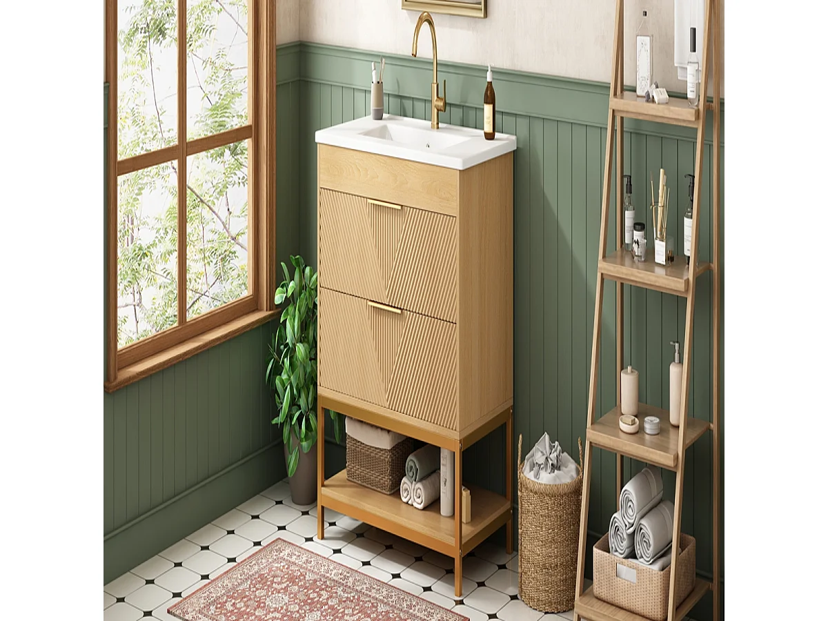 Meuble vasque 81 cm effet bois naturel avec deux tiroirs et vasque en céramique