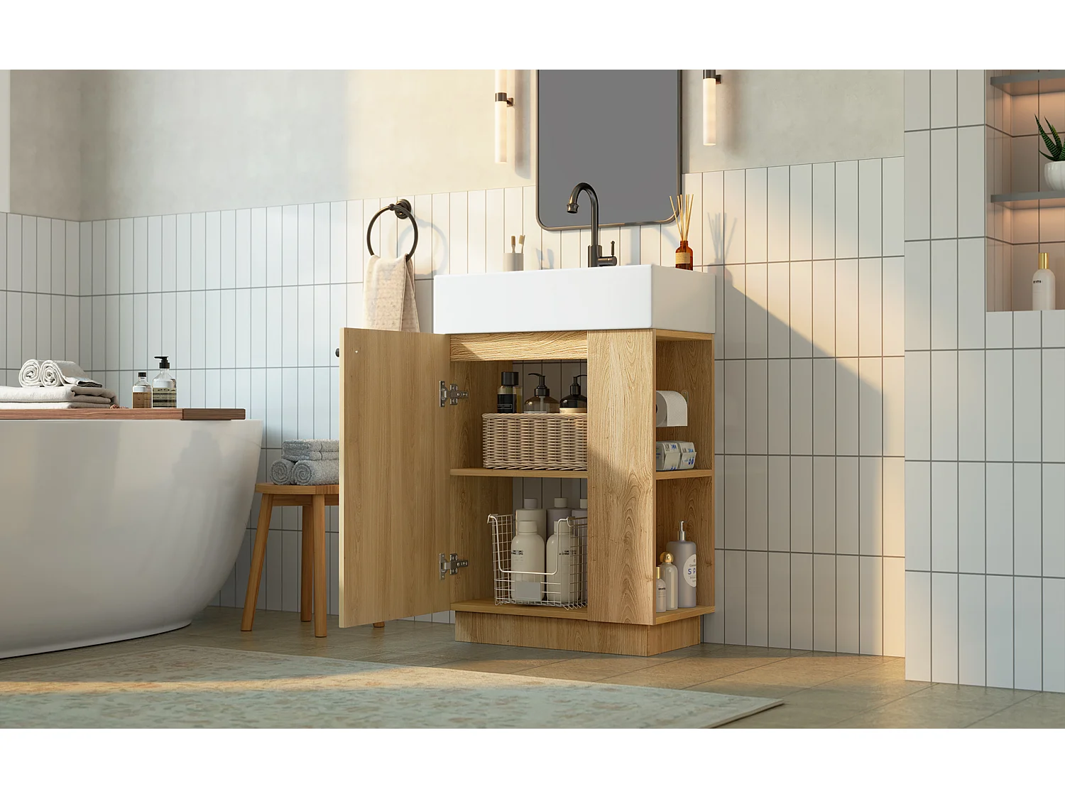 Meuble sous vasque 55 cm effet bois rainuré avec vasque en céramique