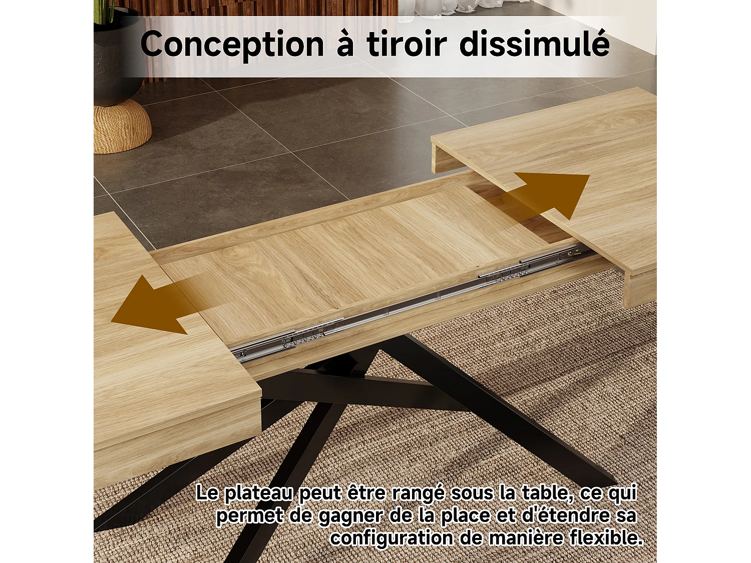 Table à manger extensible de 140 à 180 cm, MDF couleur chêne, pieds métalliques noirs