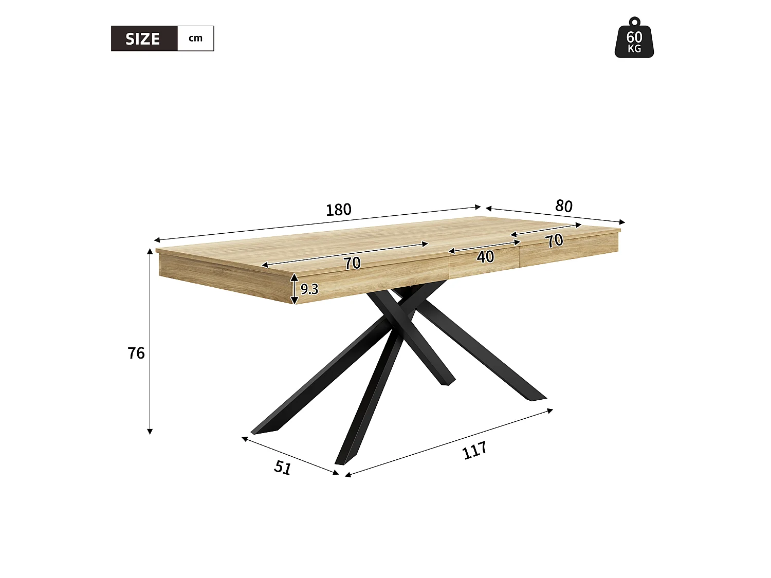Table à manger extensible de 140 à 180 cm, MDF couleur chêne, pieds métalliques noirs