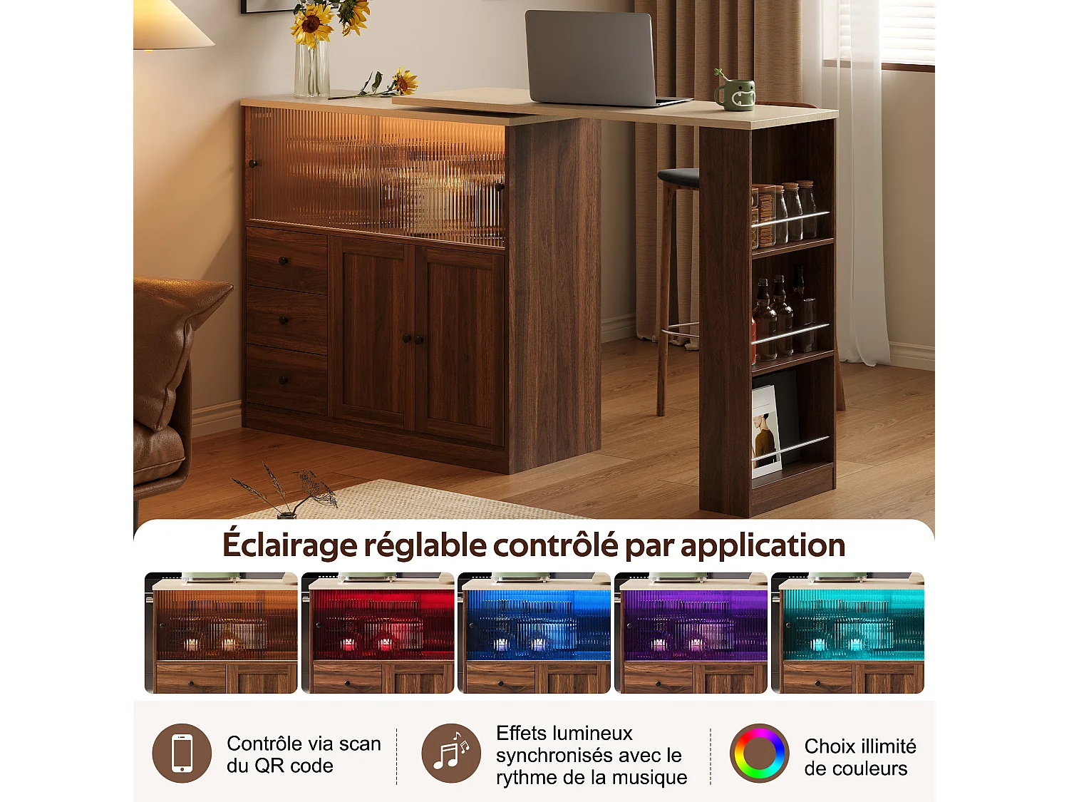 Îlot de cuisine avec plateau tournant à 360 degrés, extension pour 2 à 3 personnes et porte coulissante en verre trempé