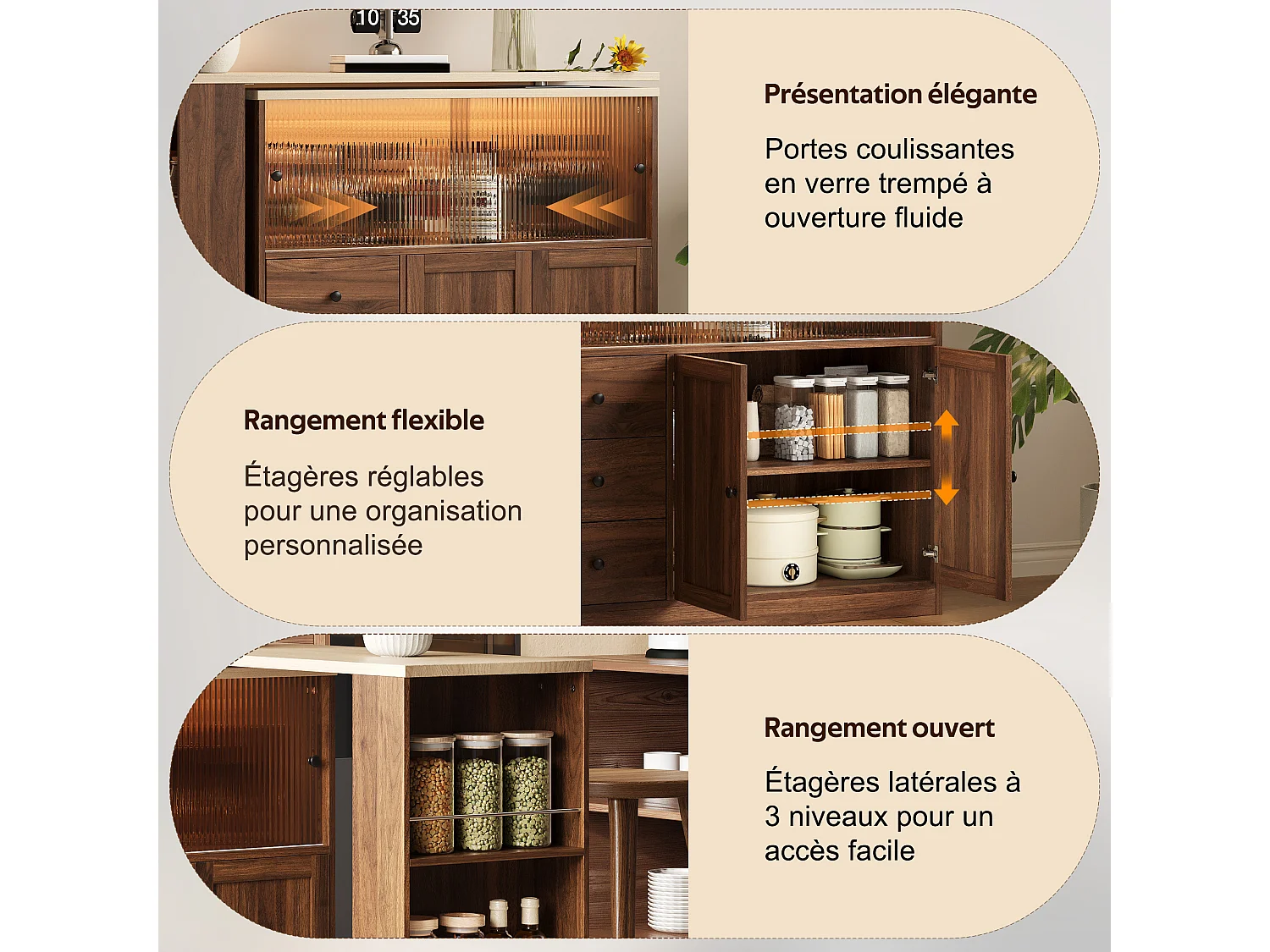 Îlot de cuisine avec plateau tournant à 360 degrés, extension pour 2 à 3 personnes et porte coulissante en verre trempé