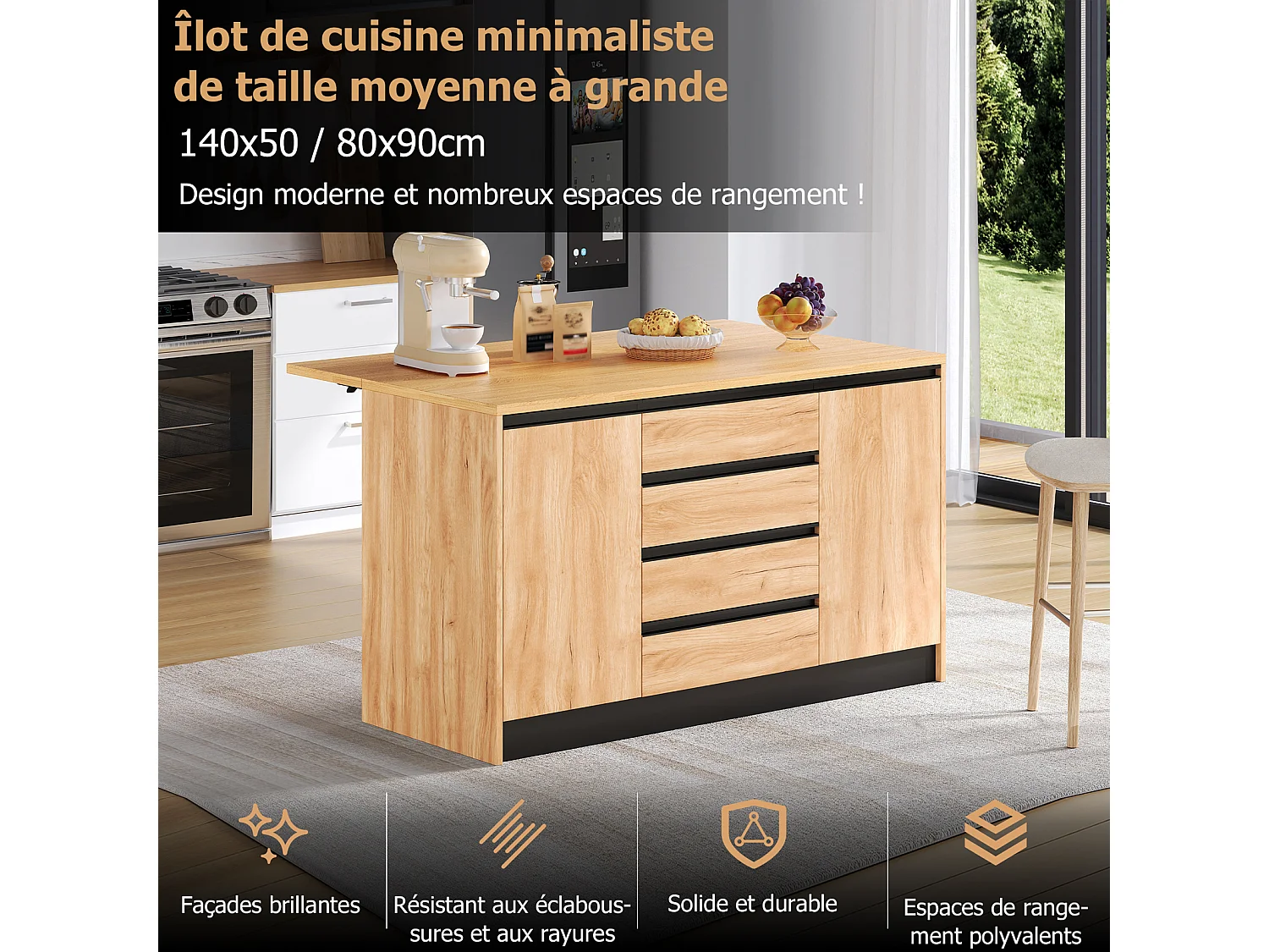 Îlot central de cuisine 140 cm avec plan de travail extensible, 4 tiroirs et 2 placards, effet bois naturel