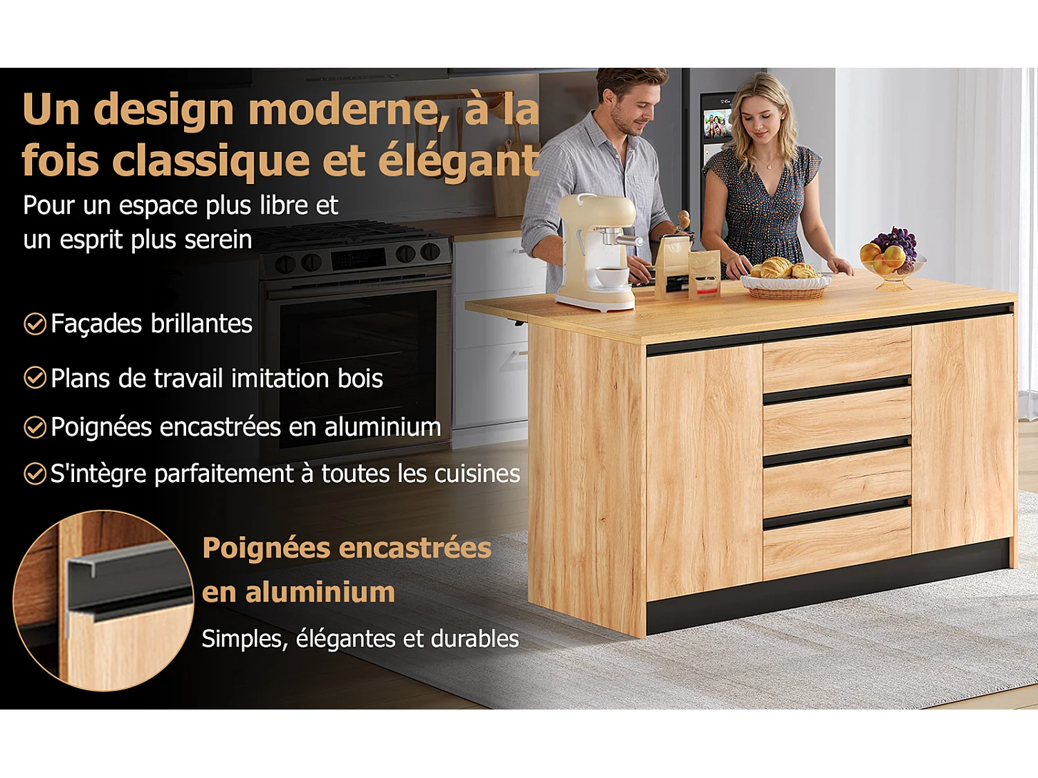 Îlot central de cuisine 140 cm avec plan de travail extensible, 4 tiroirs et 2 placards, effet bois naturel