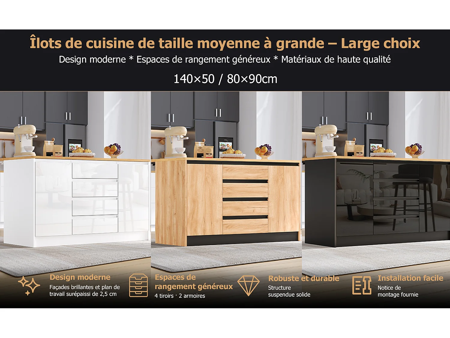Îlot central de cuisine 140 cm avec plan de travail extensible, 4 tiroirs et 2 placards, effet bois naturel